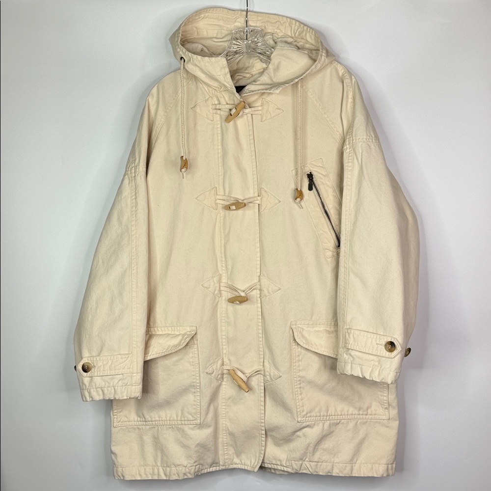 Vintage Eddie Bauer Hooded Toggle Beige Cargo Chore Jacket Size Large - Picture 1 of 11